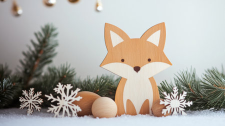 A wooden fox stands among delicate snowflakes and evergreen branches, creating a warm and inviting winter atmosphere perfect for the season.の素材