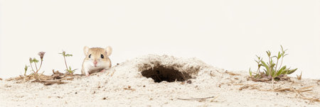 A small mouse curiously peeks out from its burrow in a sandy landscape surrounded by minimal greenery and a soft white backdrop, showing its natural habitat.の素材