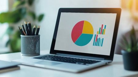 A modern laptop shows a vibrant pie chart on its screen, positioned on a minimal desk surrounded by stationery and indoor plants in bright light.の素材