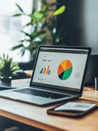 Modern laptop showcases a colorful pie chart on the screen, set against a minimal desk with greenery, creating an inspiring workspace during daylight.の素材