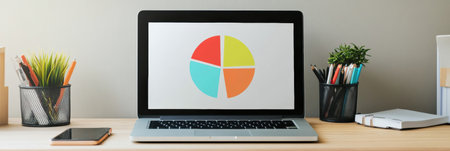 Bright pie showcased on a sleek laptop rests on a minimal desk with plants and stationery, highlighting a productive workspace setting for analysis.の素材