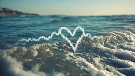 Gentle ocean waves rise and fall, seamlessly forming a heartbeat line that connects the essence of life to the soothing water under the sunset.の素材