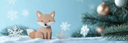 A wooden fox figurine sits cheerfully in a blanket of faux snow, surrounded by gently falling snowflakes and evergreen branches, evoking winter warmth.の素材