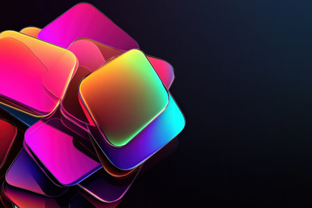 Brightly colored neon gradient sticker shapes are arranged on a deep black surface, creating striking glossy reflections that enhance the overall visual impact.の素材