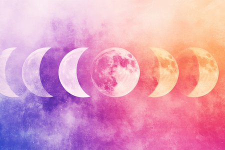 Soft watercolor gradients depicting moon phases in a celestial style, creating a serene atmosphere filled with enchanting Lapki vibes at night.の素材