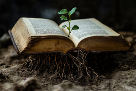 An old book lies on the ground, with roots breaking through its pages, illustrating the bond between learning and the natural world in a serene setting.の素材