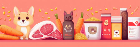Vivid illustration showcases various pet food packages with raw meat, fresh carrots, and grains, featuring cheerful pet icons in a playful design.の素材