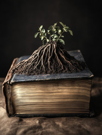 An old book displays roots breaking through its pages, showing a powerful metaphor of nature merging with knowledge in a serene settingの素材
