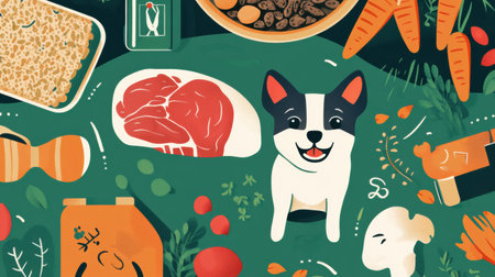 Illustration showcases a packaging design for pet food, highlighting raw meat, fresh carrots, grains, and a joyful pet, all in a colorful style.の素材