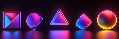 Colorful sticker shapes in neon gradient hues stand out with high contrast reflections against a deep black background, showing vibrant design elements.の素材