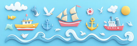Explore a nautical sticker pack filled with vibrant icons like ships, anchors, waves, and seagulls, perfect for enhancing your designs and crafts.の素材