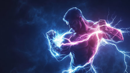 Muscle fibers transform into vivid lightning bolts, showcasing strength and energy against a striking dark backdrop.の素材