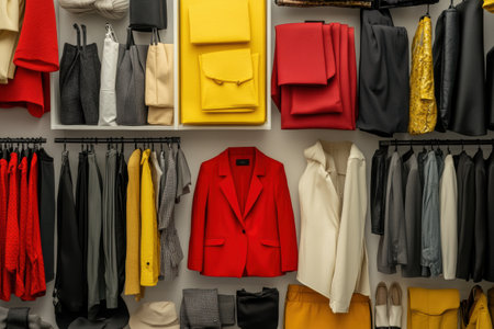 A well-organized capsule wardrobe showcases a red blazer prominently, surrounded by various neutral clothing items arranged in an elegant manner.の素材