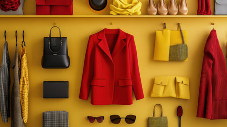 A carefully arranged monochrome capsule wardrobe showcases structured outfits with one eye-catching red or yellow item against a yellow backdrop.の素材