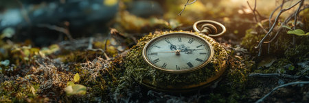 A pocket watch rests in moss and vines, symbolizing the balance between natures persistence and the passage of time in a serene forest.の素材