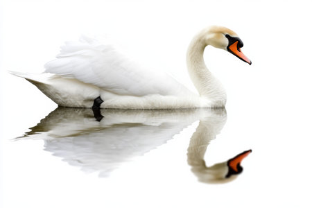 A graceful swan glides over calm water, creating a mirror-like reflection against a smooth white background, embodied tranquility in the early morning light.の素材