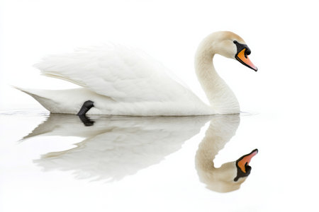A majestic swan glides smoothly across a calm water surface, creating a perfect reflection while surrounded by a serene white backdrop.の素材
