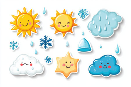 These vibrant sticker illustrations showcase adorable sun, cloud, rain, snowflake, and star icons on a clean white background, perfect for seasonal crafts.の素材
