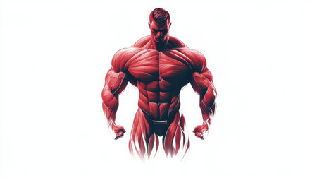 A bold red muscle figure stands out on a white background, highlighting human anatomy and muscular definition in a stylized way.の素材