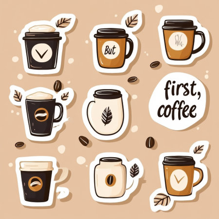 This sticker set showcases an array of coffee cups, beans, and catchy quotes, perfect for coffee lovers who appreciate warm, comforting designs.の素材