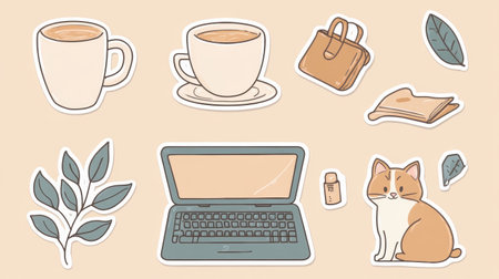 This sticker collection embodies remote work with cozy items like coffee cups, laptops, and a cat on the keyboard for a warm workspace.の素材
