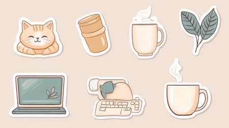 This sticker set embodies remote work with illustrations of a coffee cup, laptop, cat on a keyboard, all on a calming beige background.の素材