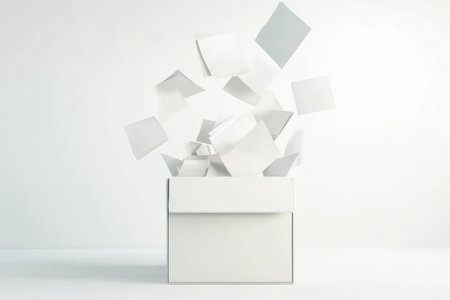 A voting box receiving an array of ballots, symbolizing public engagement in the democratic process against a clean white backdrop.の素材