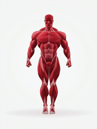 An anatomical representation highlights the muscular system of the human body in vibrant red, emphasizing structure and strength on a plain white backdropの素材