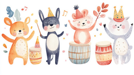 Colorful animals gather in a parade, energetically playing drums and wearing playful hats, creating a lively atmosphere of joy and celebration for children.の素材