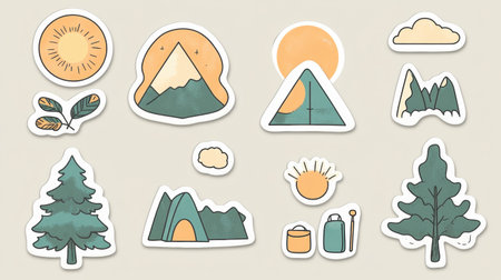 This hand-drawn sticker set showcases an array of nature icons such as mountains, clouds, and camping gear, perfect for outdoor enthusiasts and nature lovers.の素材