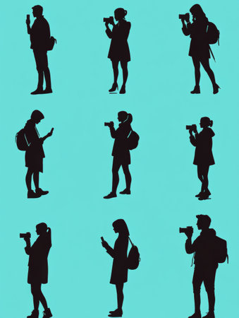 Stylized figures focus on cameras and phones amid a vibrant blue backdrop, showcasing a range of activities like photography and social media engagement.の素材