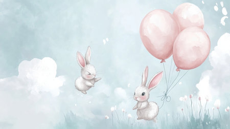 Two fluffy bunnies joyfully soar through a dreamy sky, holding onto pastel balloons surrounded by soft clouds and delicate flowers belowの素材