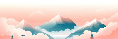 Gentle colors blend in a soft mountain landscape, featuring fluffy clouds and tiny animals, creating a tranquil and whimsical atmosphere.の素材