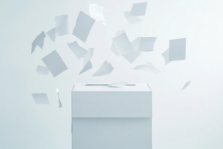 Ballots are falling into a white ballot box, representing active participation in the democratic process during an election.の素材