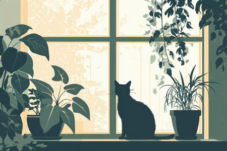 Silhouette of a cat sitting by a sunlit window surrounded by lush plants, creating a cozy and tranquil indoor environment with a soft pastel glow.の素材