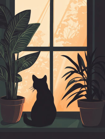 Silhouette of a cat resting on a windowsill surrounded by leafy plants as soft pastel light filters through the window, creating a warm evening atmosphere.の素材