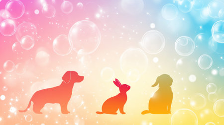 Vibrant silhouettes of a dog, cat, and rabbit float against a soft gradient background adorned with bubbles, evoking a joyful and playful ambiance for viewers.の素材