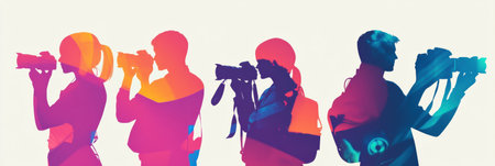Silhouetted figures engage in photography on a bright background, each holding cameras or phones, representing creativity and passion for capturing memories.の素材