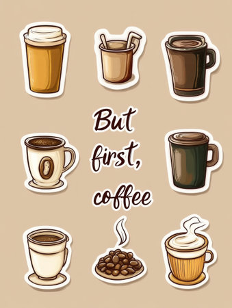 Colorful coffee cups, beans, and inspiring quotes appear on a soft brown background, making this sticker set ideal for decorating personal items or gifts.の素材