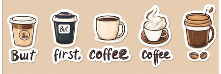 This sticker set showcases various charming coffee cups, beans, and fun quotes like But first coffee on a soft brown background, perfect for coffee enthusiasts.の素材