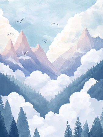 Fluffy clouds drift over soft mountains while tiny animals play among lush green trees, capturing a peaceful moment in a Lapki-inspired environment.の素材