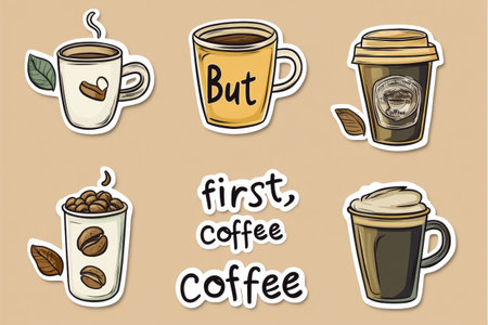 Colorful sticker set showcases various coffee cups, beans, and catchy quotes perfect for personalizing coffee-related items or gifts in a cozy setting.の素材