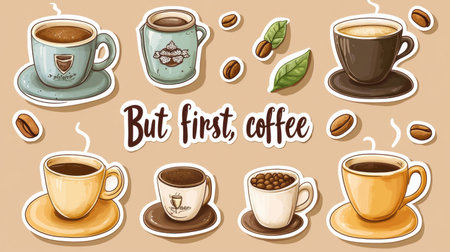 Playful sticker collection showcases various coffee cups, beans, and catchy quotes on a warm brown backdrop, perfect for decorating notebooks or planners.の素材