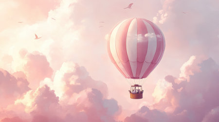A whimsical hot air balloon filled with playful animals floats serenely among soft pink clouds, creating a magical atmosphere during sunset.の素材