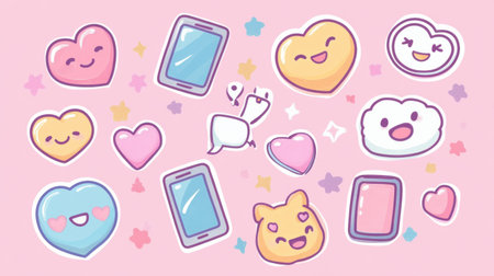 Vibrant Y2K sticker set showcases glitter effects with hearts, smileys, and cellphones against a soft pink background, ideal for adding flair to crafts.の素材