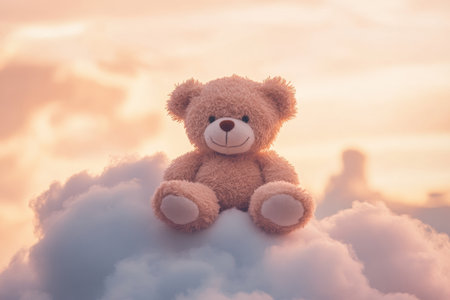 A fluffy teddy bear sits atop a small cloud against a pastel evening sky, creating a serene and whimsical atmosphere perfect for daydreaming.の素材