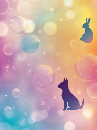 Silhouettes of a dog, cat, and rabbit are set against a bright, soft gradient backdrop filled with floating bubbles.の素材