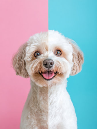 One side features a messy dog with unkempt fur, while the other side shows the same dog freshly groomed and clean, highlighting a playful transformation.の素材