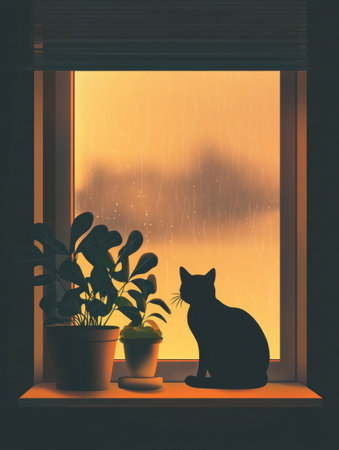 A silhouette of a cat sits by a window adorned with potted plants, while soft pastel light filters in, creating a warm and inviting ambiance on a rainy day.の素材