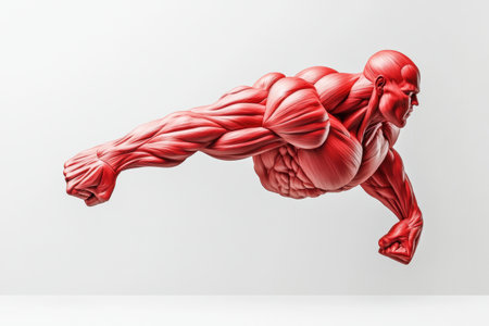 A red muscle illustration showcases detailed anatomy of a dynamic muscular figure against a clean white backdrop.の素材